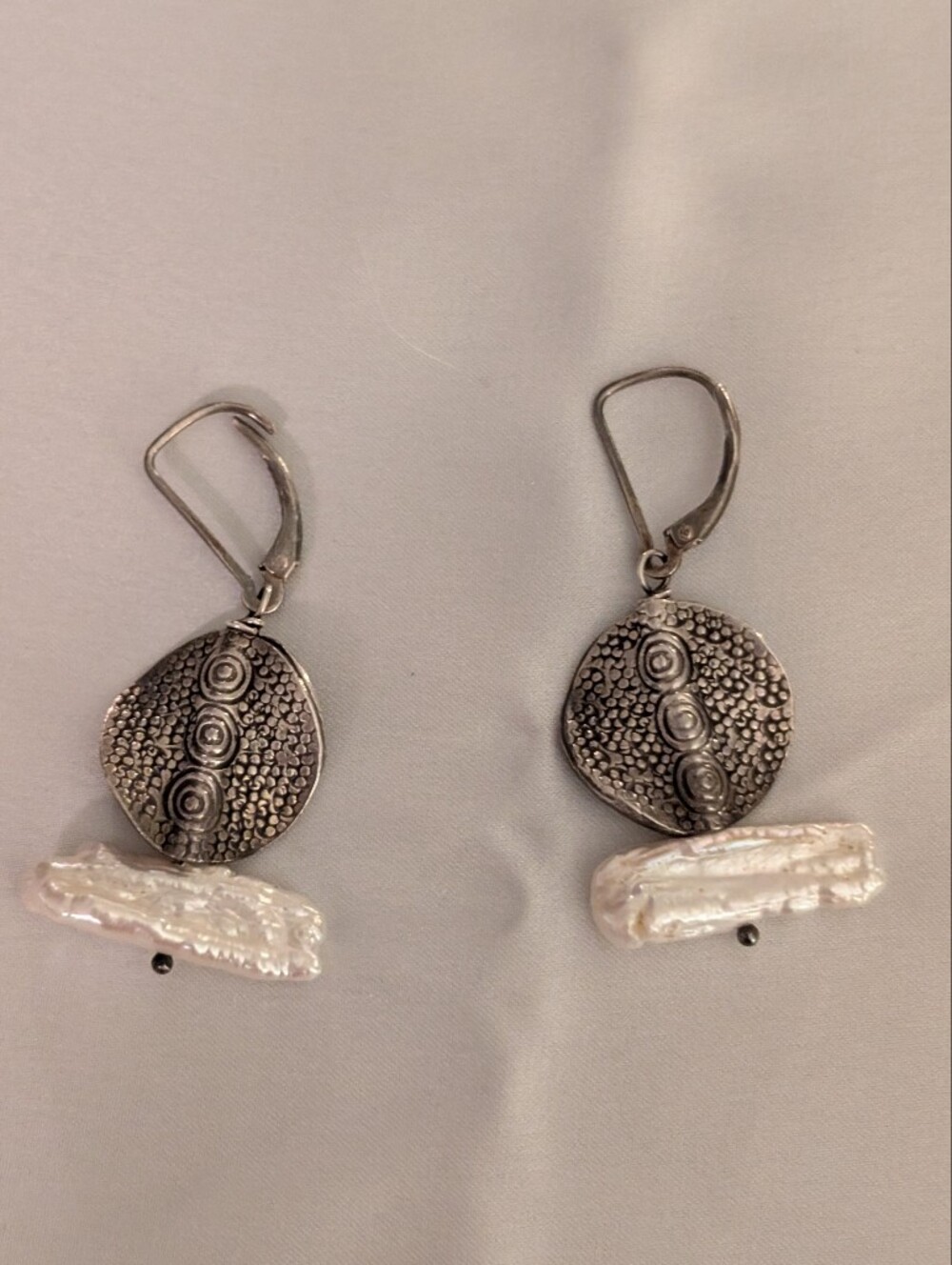 Artisan Silver Biwa Pearl Earrings Textured Disc Dangle